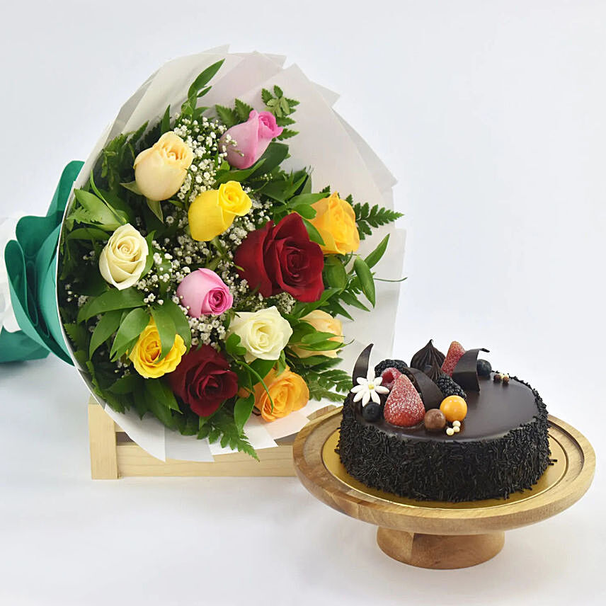 Dozen Multi Roses with Fudge Cake: New Year Flowers with Cakes