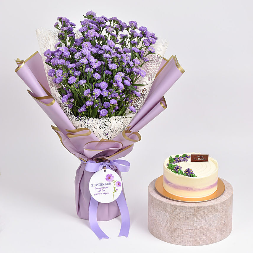 September Birthday Aster Flowers Bouquet with Cake: New Arrival Combos