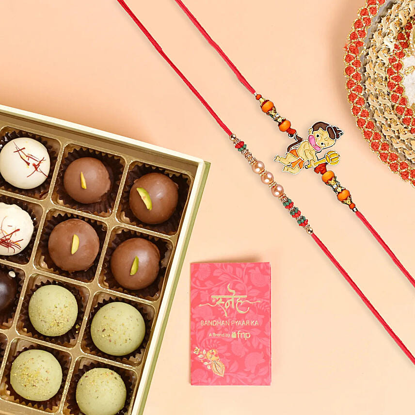 Chocolate Coated Gulabjamun With Rakhi Set: Rudraksha Rakhi