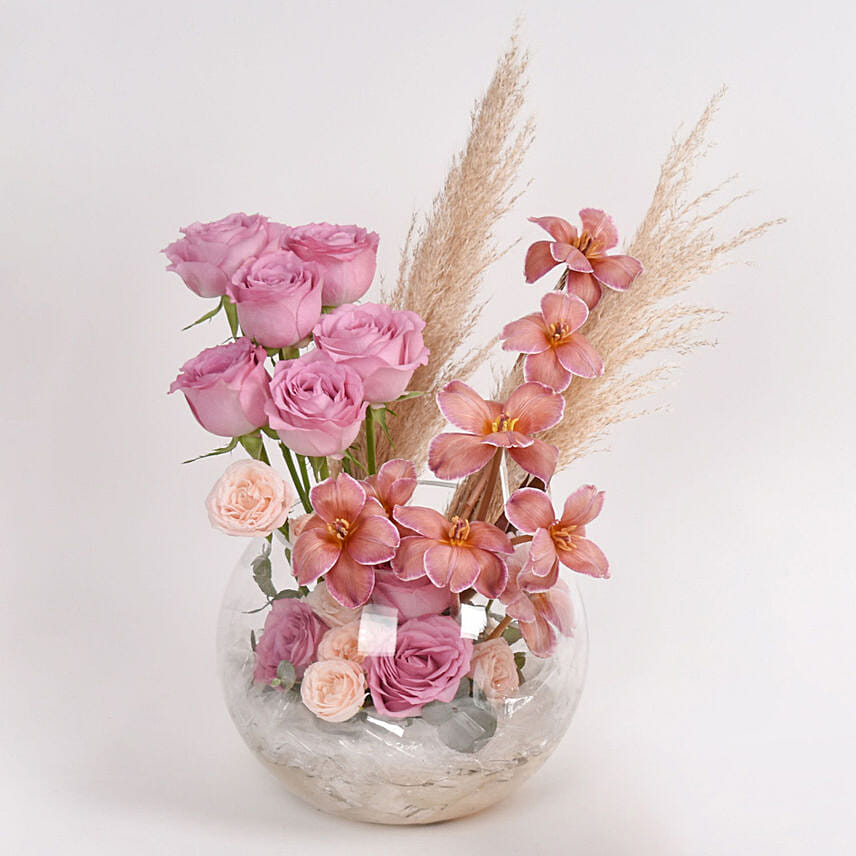 Tulips and Rose in Fish Bowl: Happy Birthday Flowers
