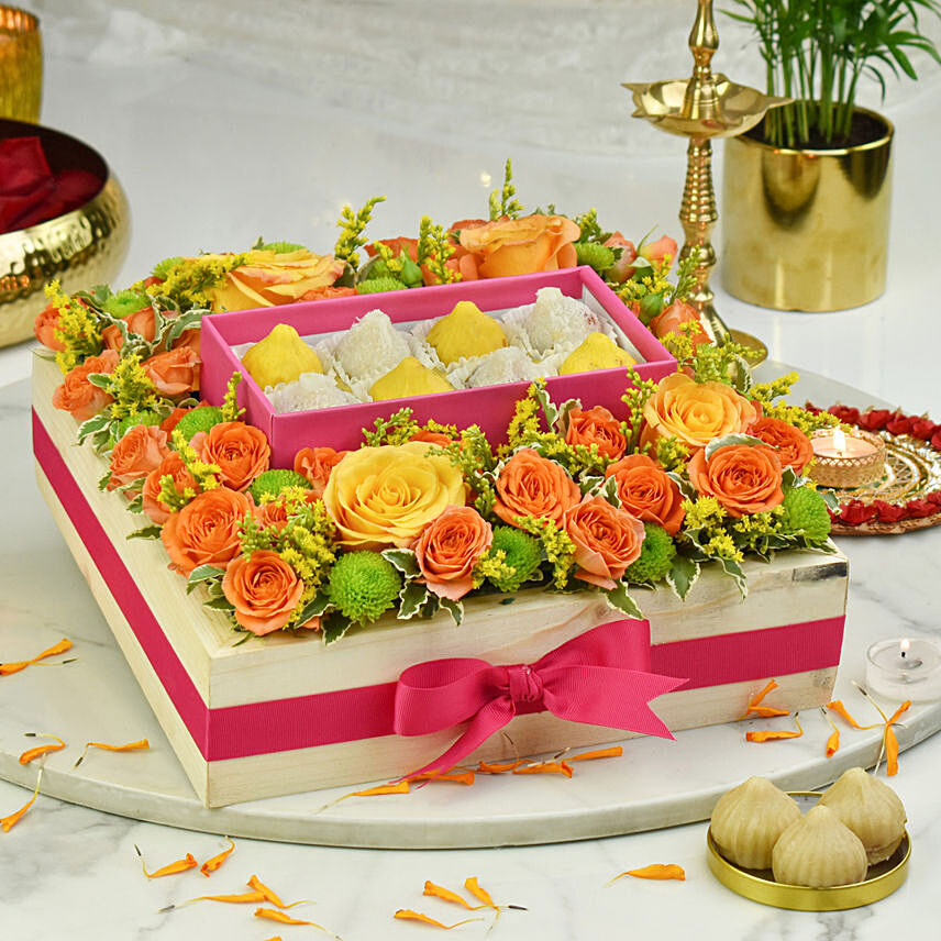 Modak and Flowers Tray: Ganesh Chaturthi Gifts