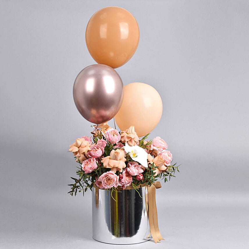 Flowers And Balloons in Silver Box: Order Balloons 