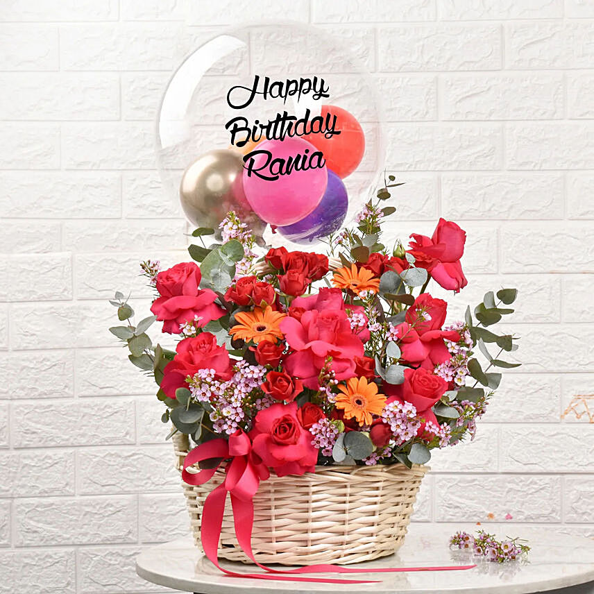 Personalised Name Birthday Balloon & Flower Basket: Gifts Combos 