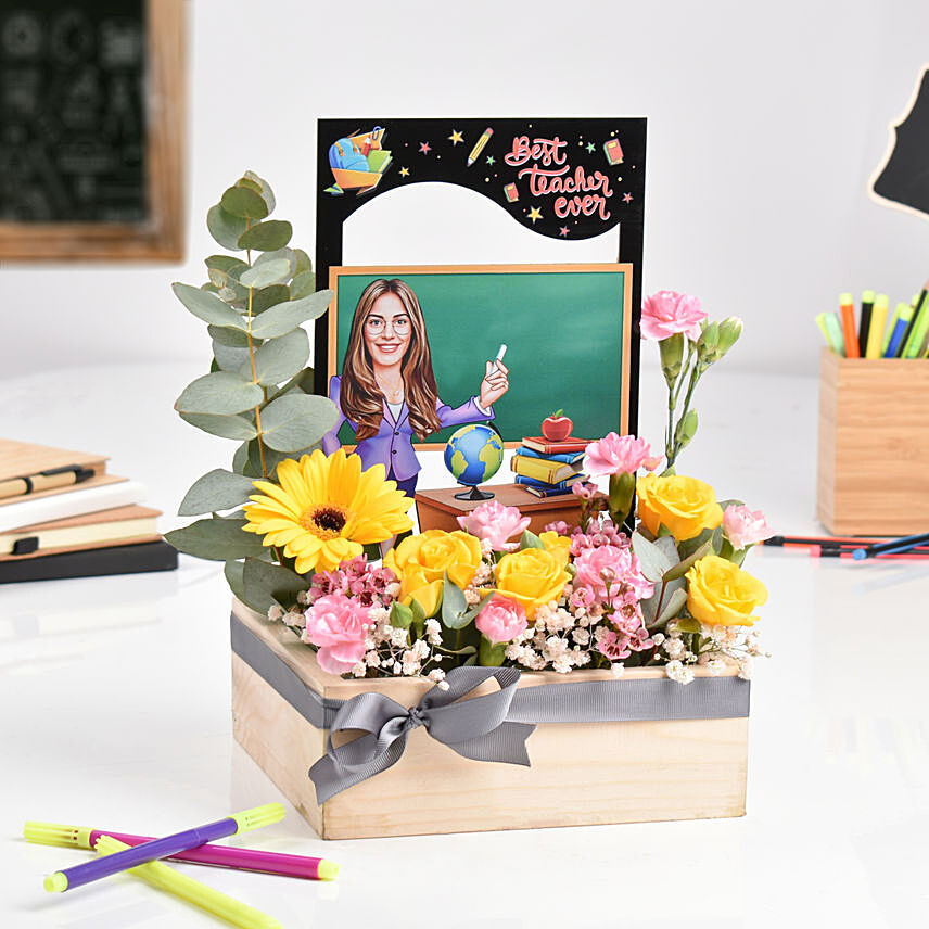 Best Teacher Ever Caricature With Flowers: Teachers Day Gifts 