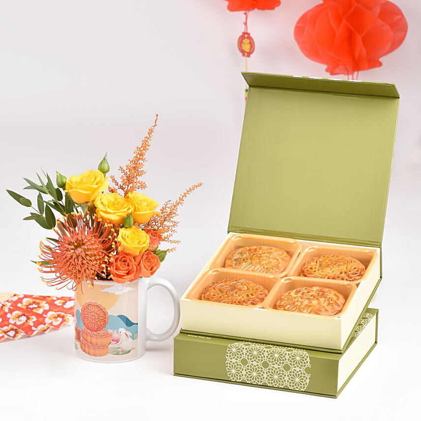 Happy Mid Autumn Flower in a Mug and Moon Cake: Mid Autumn Festival Gift Ideas