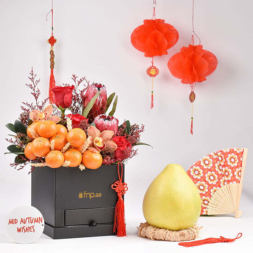 Joyful Mid Autumn Wishes Box with Pomelo Fruit: Mid Autumn Festival Gift Ideas