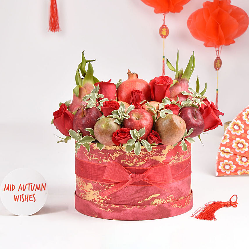 Roses and Fruits in Red Box: Mid Autumn Gifts