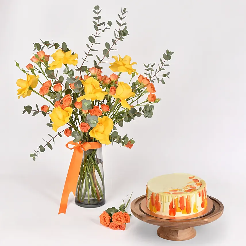 Orange and Yellow Roses and Cake: Cheerful Easter Gifts