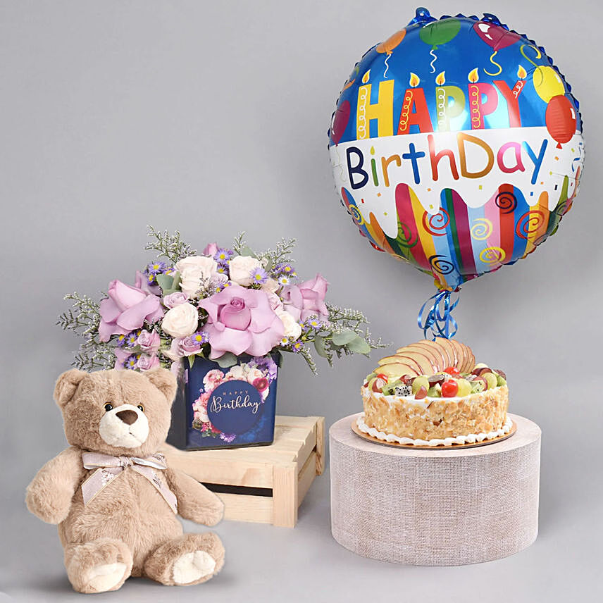 Birthday Surprise Combo: Flowers and Teddy Bears 
