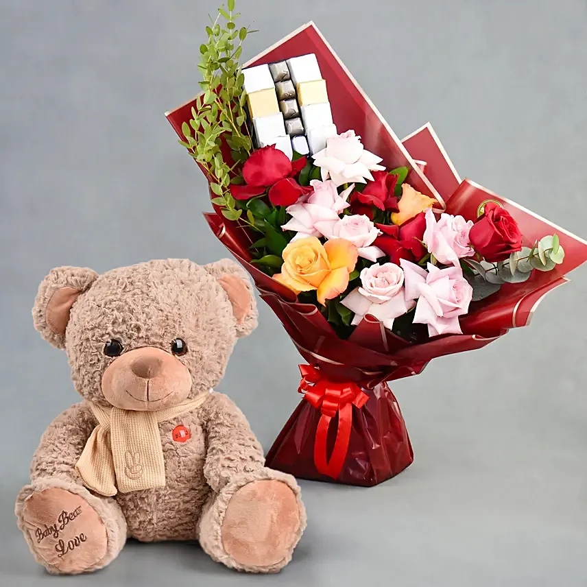 Classic Blooms and Chocolates with Teddy bear: Flowers and Teddy Bears