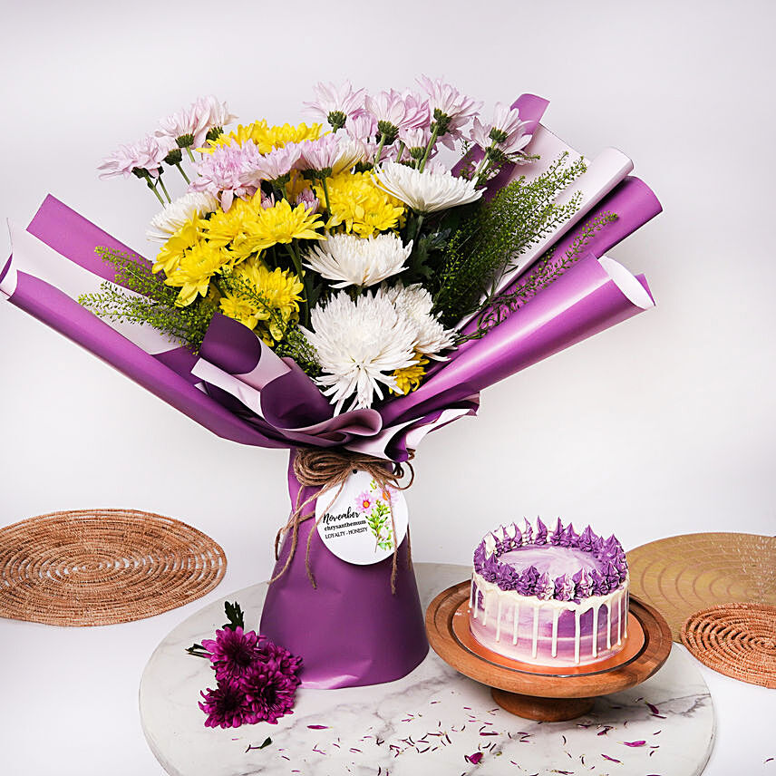 November Birthday Chrysanthemum Flower Bouquet and Cake: Cakes