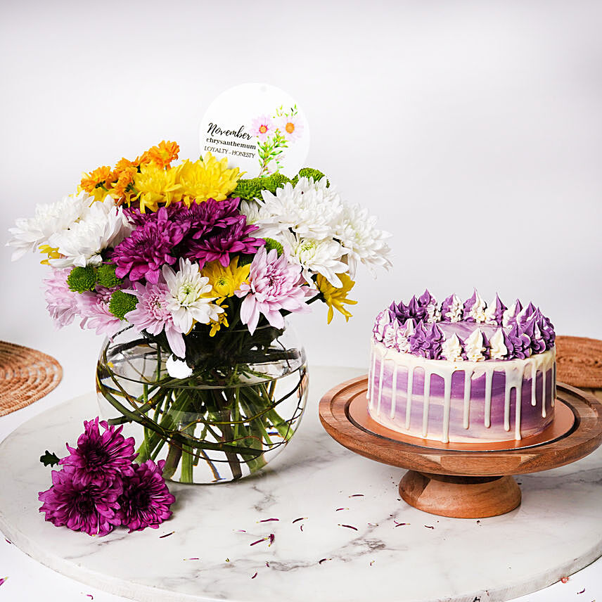 November Birthday Special Chrysanthemums and Cake: Flowers and Cake 