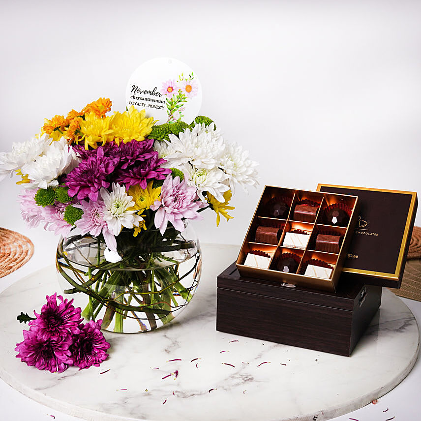 November Birthday Special Chrysanthemums and Chocolates: 