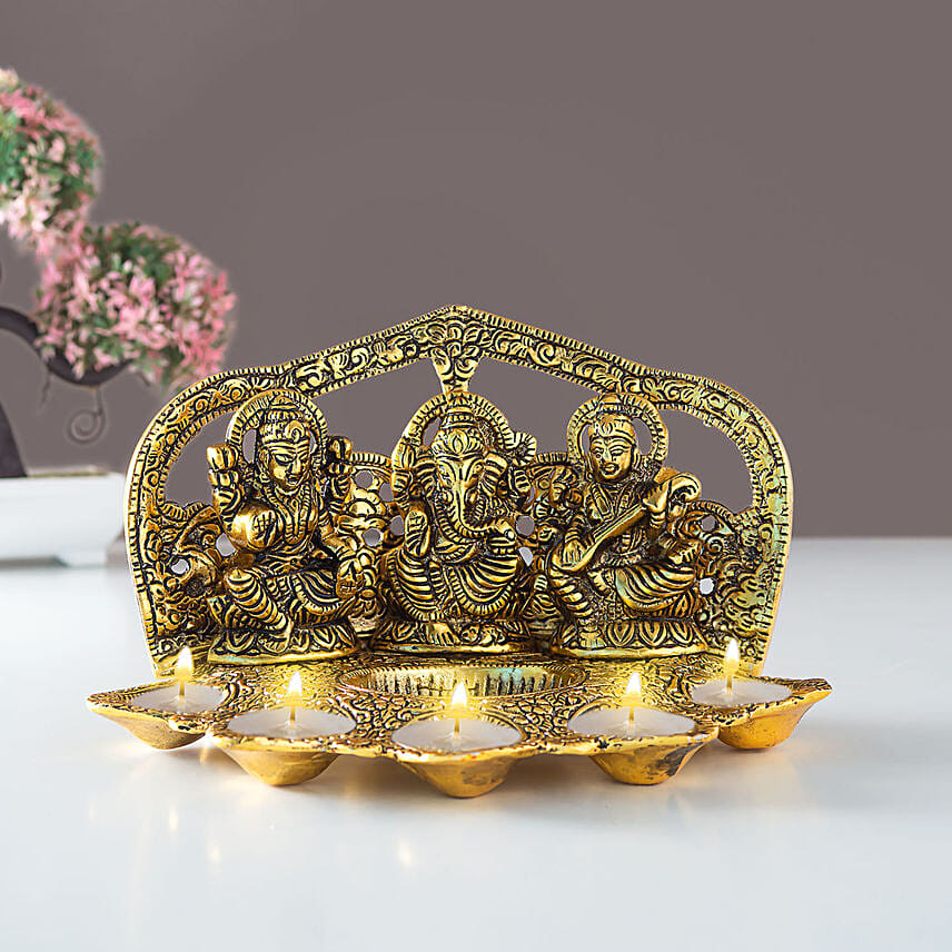 Laxmi Ganesha Saraswati with Diya: Diwali Diya