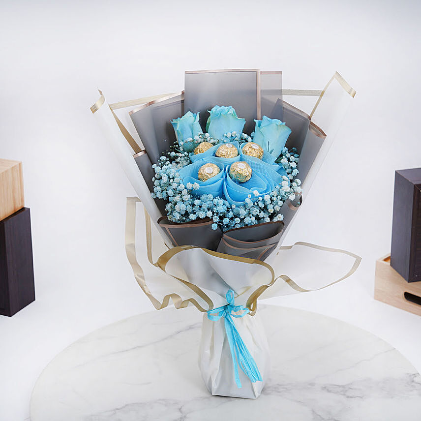Blue Roses and Rochers Bouquet: Men's Day Gifts