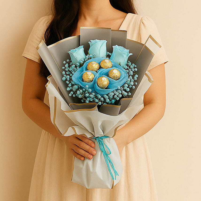 Blue Roses and Rochers Bouquet: Men's Day Gifts