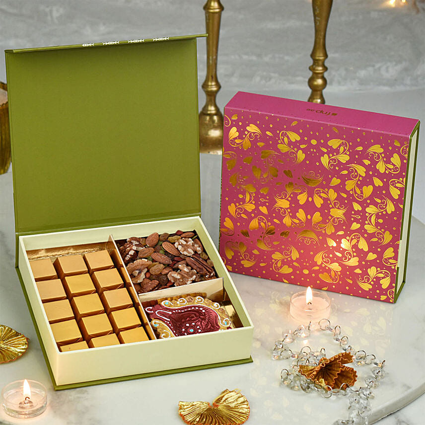 Chocolates and Large Diya Box: Diwali Hampers
