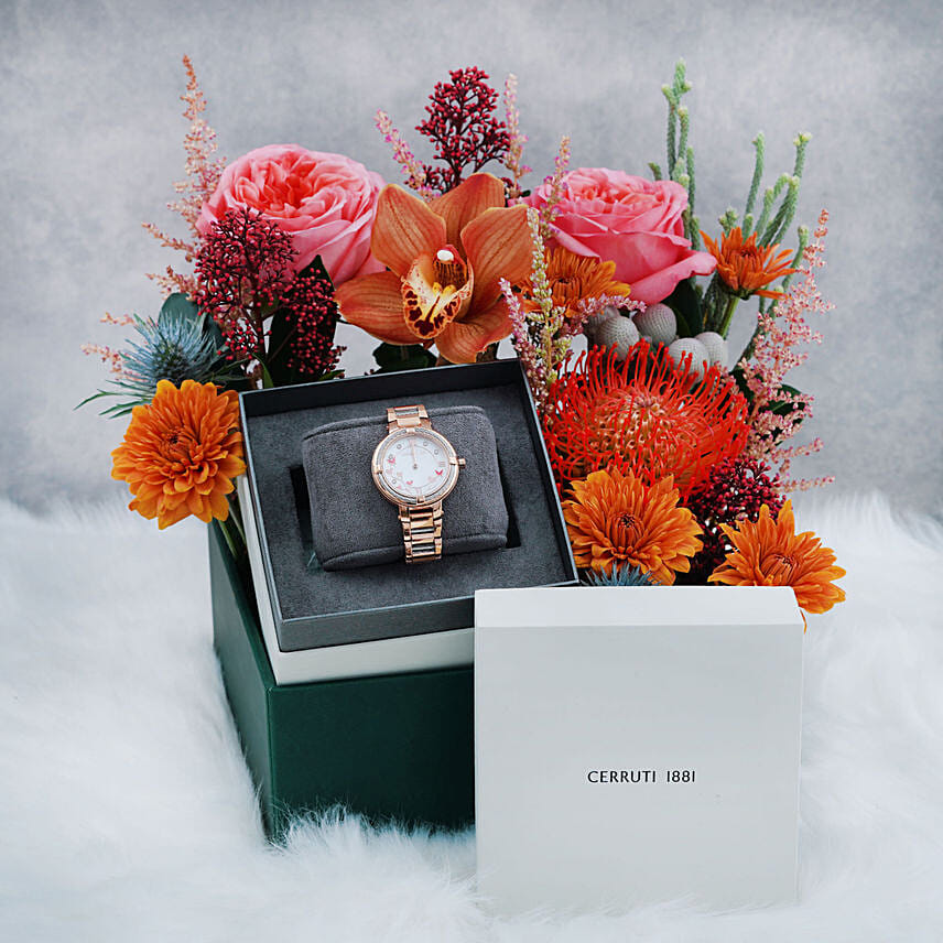 Cerruti Watch and Flowers Combo For Her: Gifts Delivery in UAE - 1 Hour & Same Day Delivery