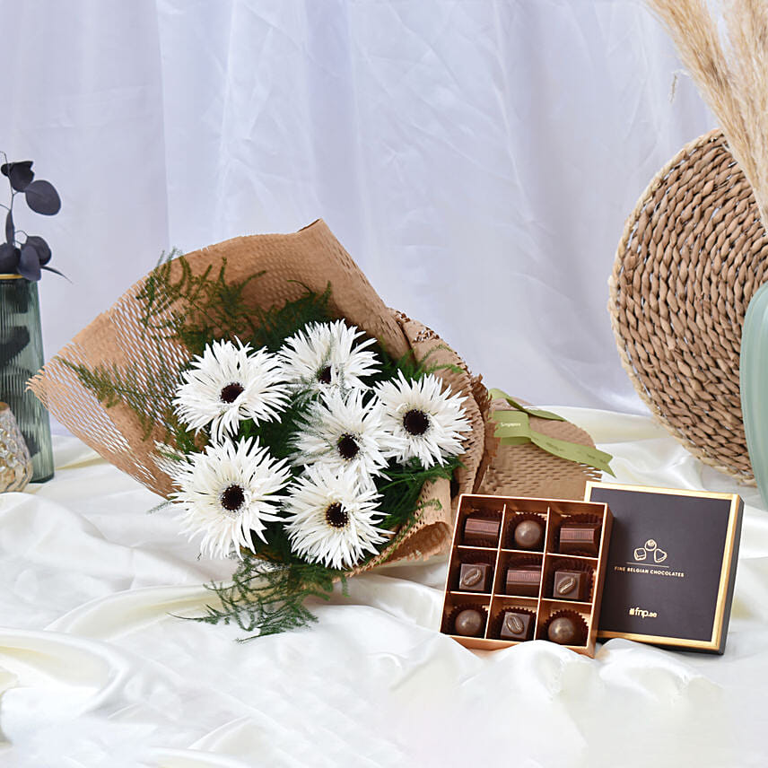White Spider Gerbera Bouquet with Premium Chocolate: Luxury Flowers Dubai