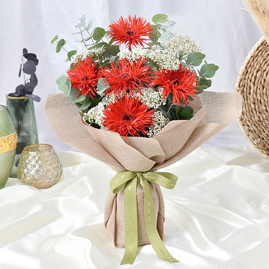 Red Spider Gerberas & Rice Flowers Bouquet: Premium Flowers