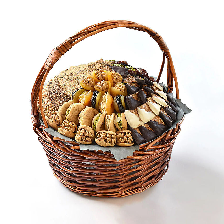 Chocolate, Crackers and Stuffed Dry Fruits Basket By Wafi: 