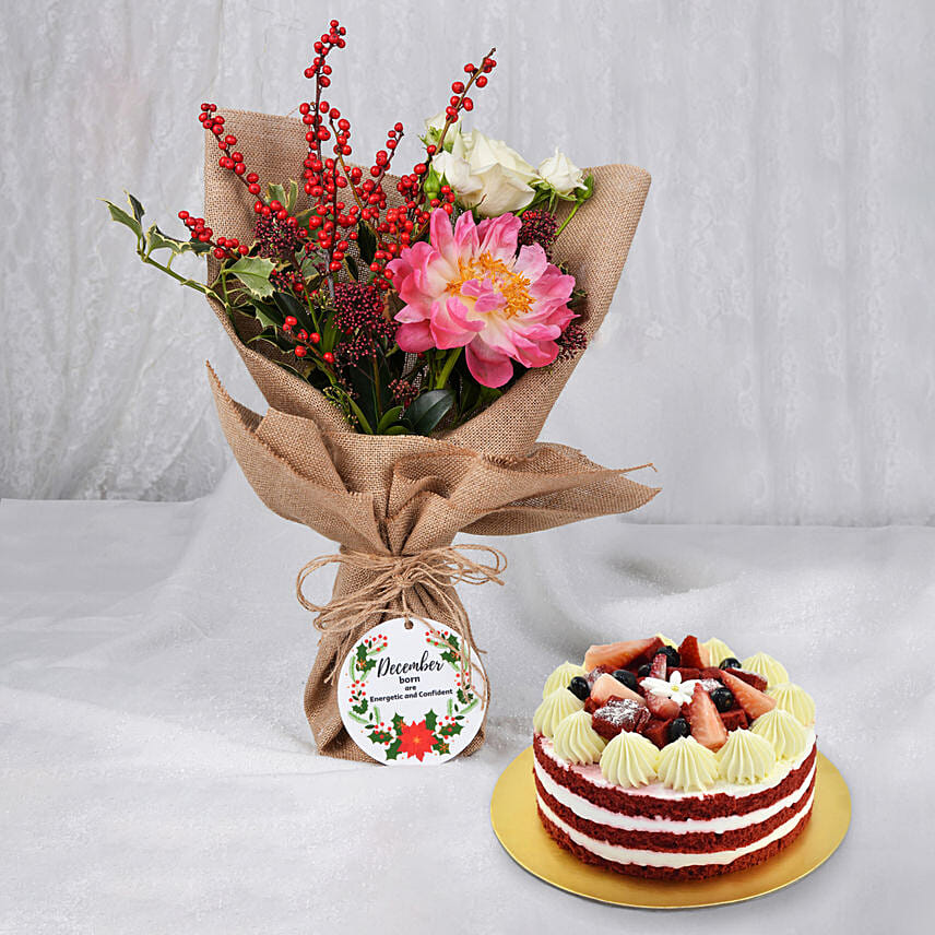 December Birthday Flowers Bouquet and Cake: Flower Delivery Dubai