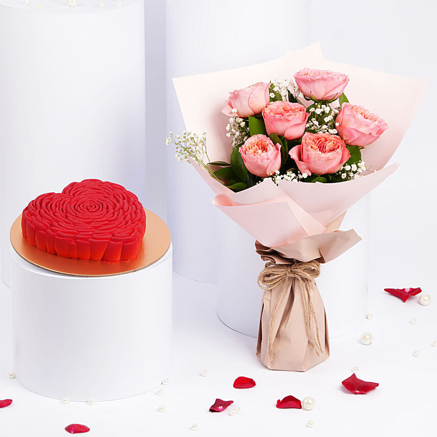 Heart Shape Cake with 6 Pink Garden Roses Bouquet: Send Valentine Gift Hampers to Dubai