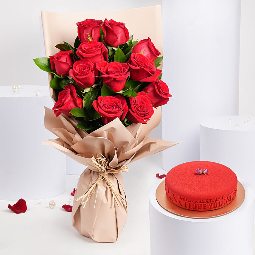 Love Expression 12 Roses Bouquet With Chocolate Cake: Cake for Valentine