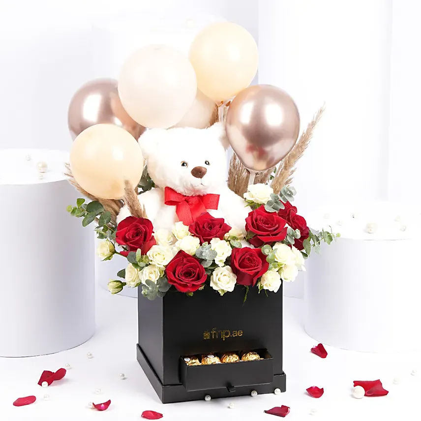Teddy Balloon and Flower Box with Chocolates: Propose Day Gift Ideas