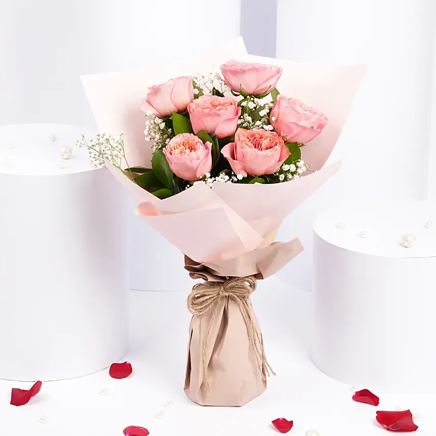 6 Pink Garden Roses Premium Bouquet: Valentine Flower Bouquets