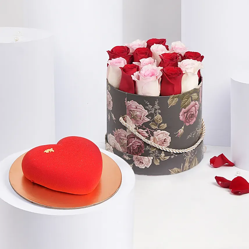 7 Red 7 Pink Roses Arrangement With Cake: 