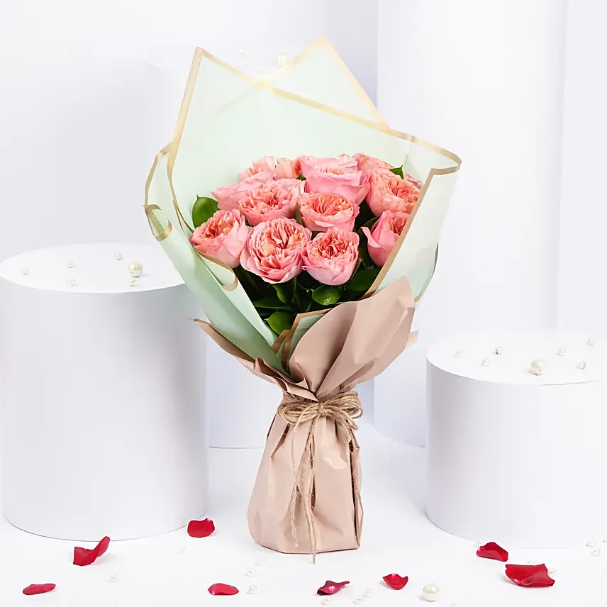 12 Pink Garden Roses Premium Bouquet: Promise Day Flowers