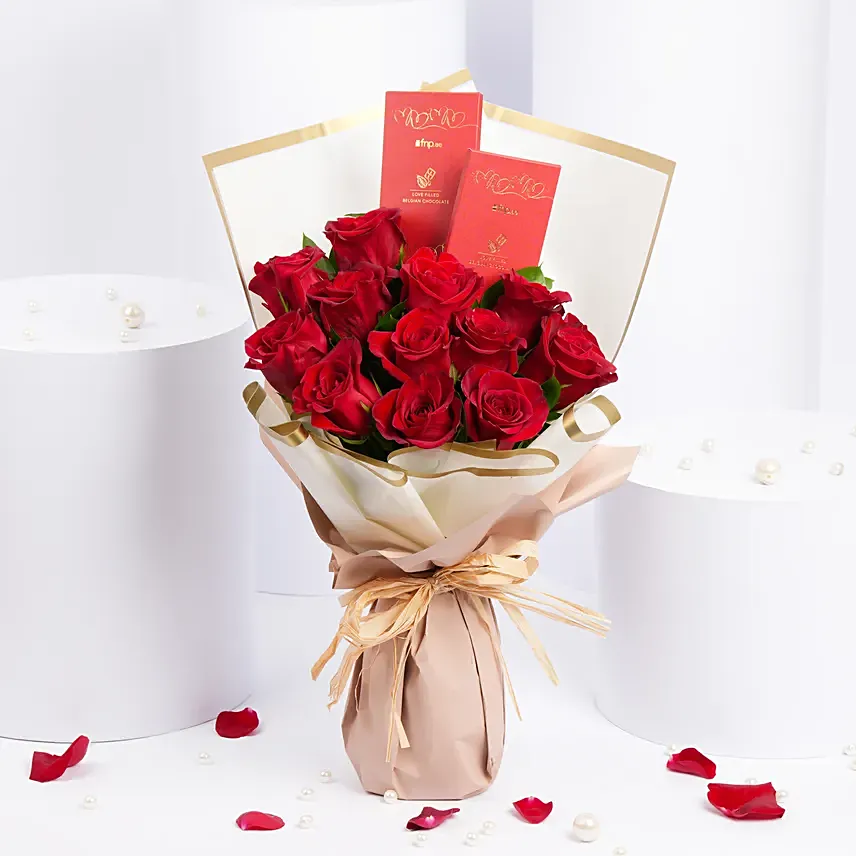 12 Roses and Chocolates Bouquet: Flowers and Chocolates 