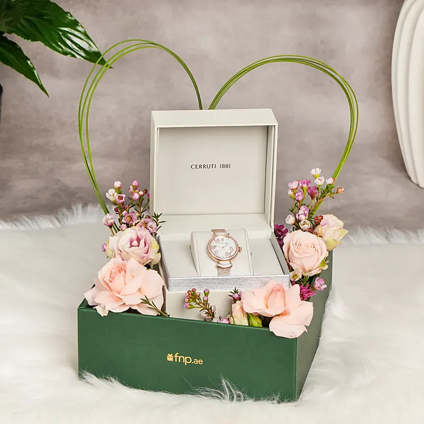 Rose Gold Cerruti Watch and Flowers For Her: Valentine Gifts Dubai