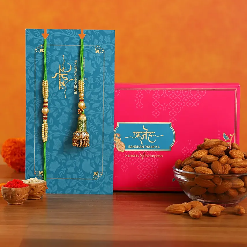 Ethnic Green Pearl And Lumba Rakhi Set With Healthy Almonds: Fancy Lumba Rakhi