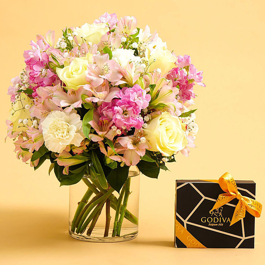 Exotic Blossoms & Godiva Chocolate Box: Anniversary Flowers and Chocolates