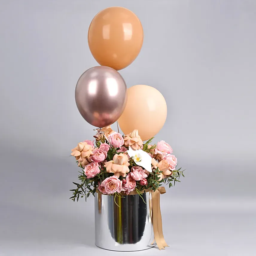 Flowers And Balloons in Silver Box: Rose Day Gifts