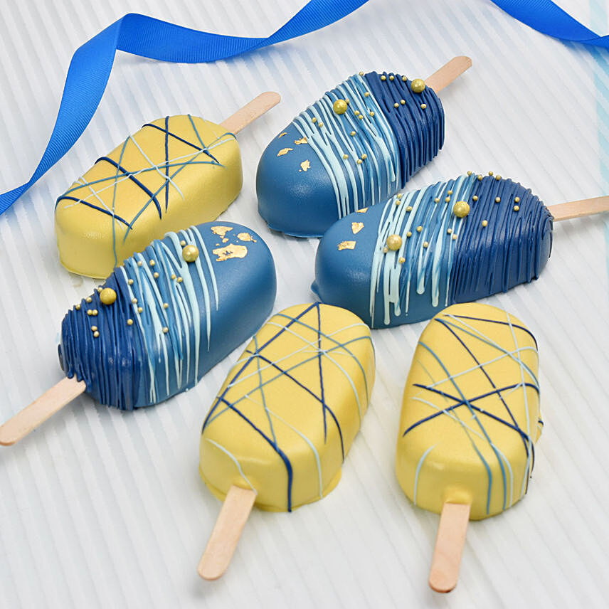 6قطع كيك بوبسيكل بالشوكولاته بتصميم مميز أصفر وأزرق: هدايا الطعام
