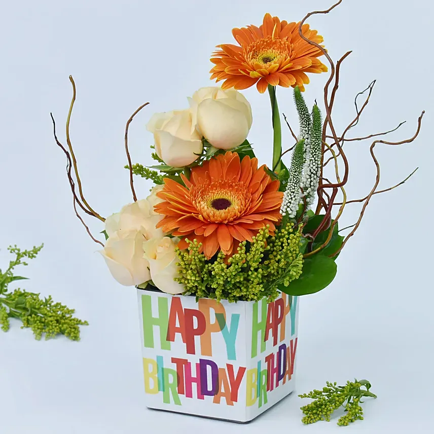 Gerbera and Roses Birthday Vase: Orange Roses