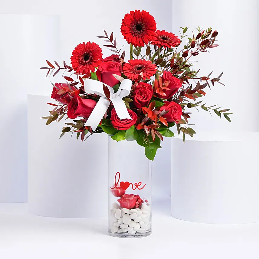 Gerbera and Roses in Long Vase: Teddy Day Flowers