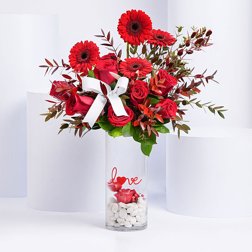 Gerbera and Roses in Long Vase: Teddy Day Flowers