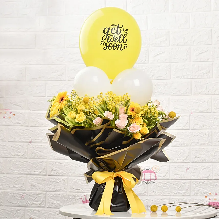 Get Well Soon Bright Wishes Florals & Balloon: Yellow Roses Bouquet