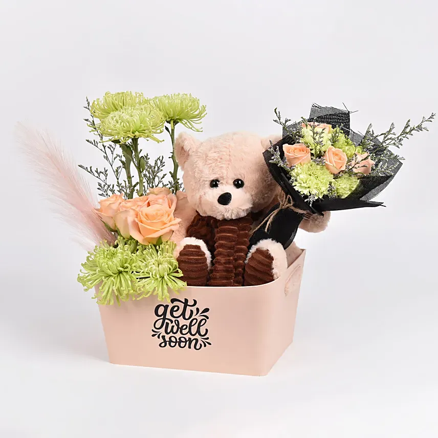 Get Well Soon Cuddles: Flowers and Teddy Bears