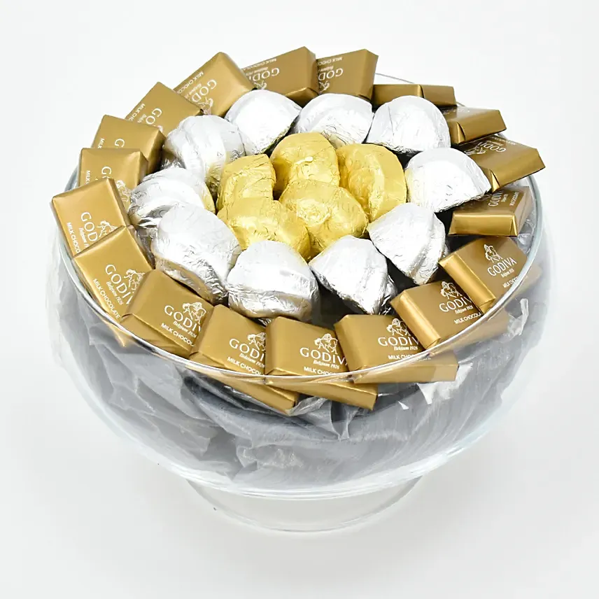 هدايا شوكولاتة جوديفا البلجيكية في وعاء كروي زجاجي: شوكولاته جوديفا
