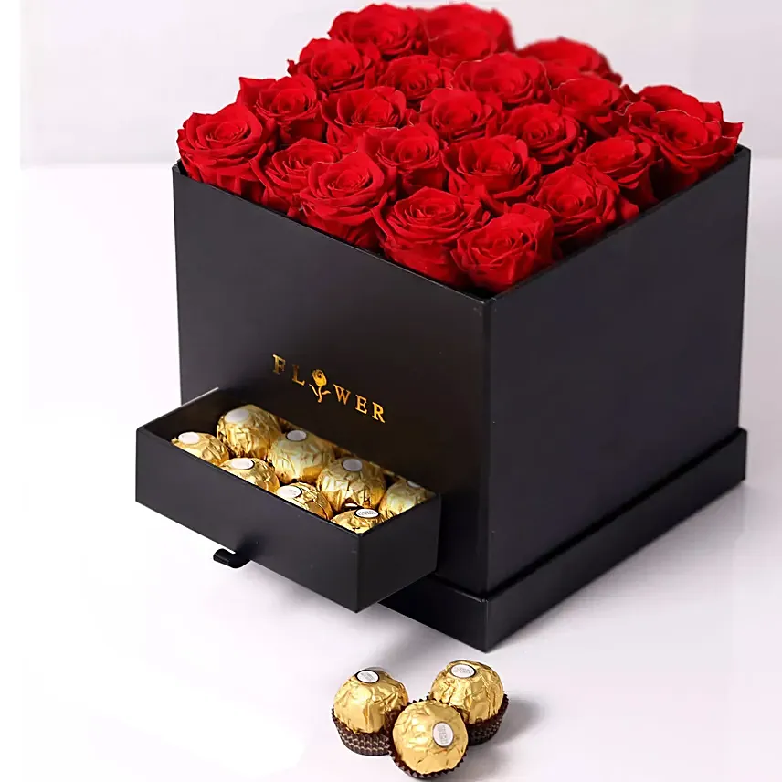 باقة ورد حمراء في صندوق فاخر مع شوكولاتة فيريرو روشيه: توصيل هدايا خلال ساعة