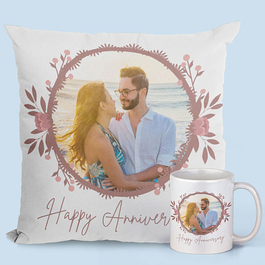 Happy Anniversary Mug And Cushion Combo: Personalised Anniversary Gifts 