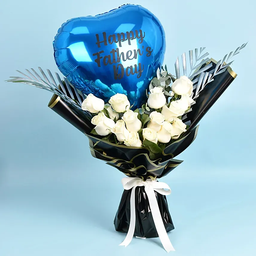 Happy Fathers Day Flower with Balloon: White Roses 