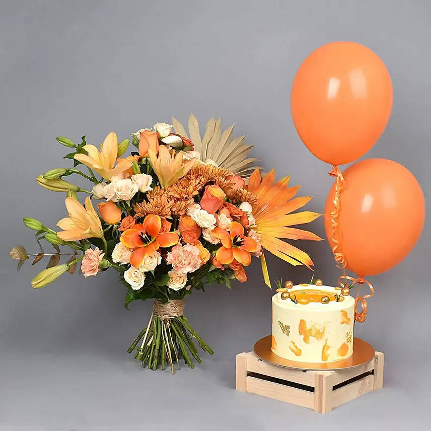 Happy Vibes Orange Combo: Flowers and Cake 