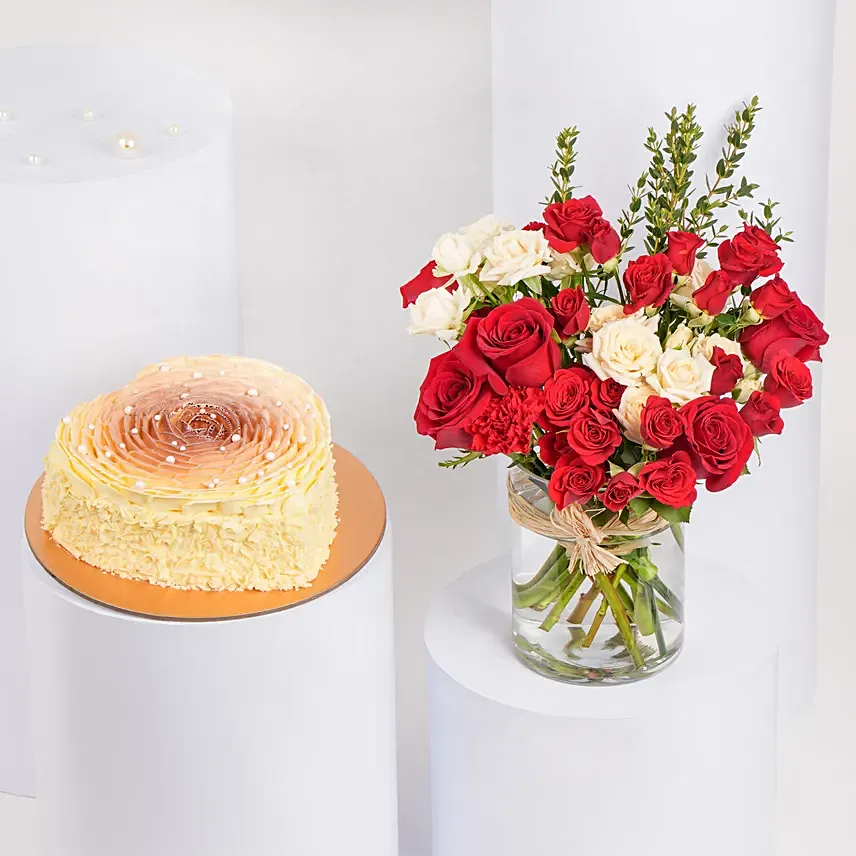 Heart of Rose Cake with Flowers: Teddy Day Gifts