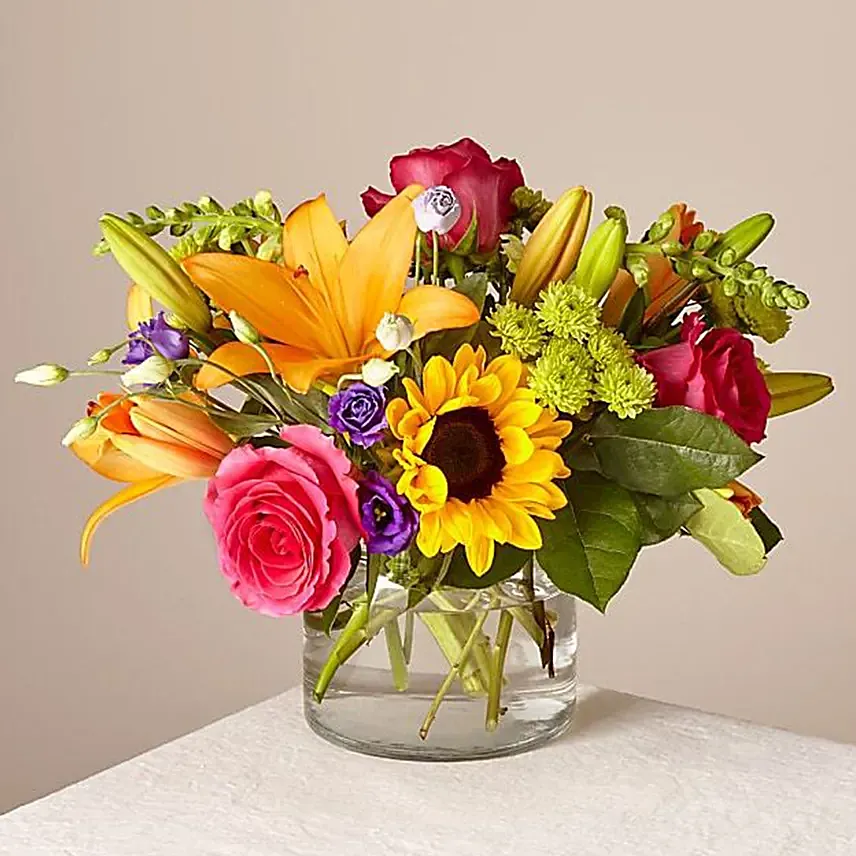 Heavenly Mixed Flowers Glass Vase: Thanksgiving Day Flowers